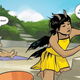 Hazel building a sandcastle at the beach while Marko reads a book in a comic panel from Saga.